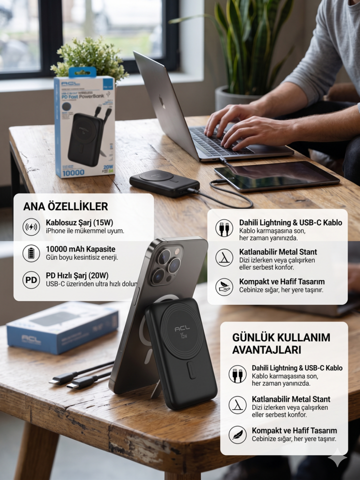 ACL PW-147 10000mAh Kablosuz Powerbank 20W PD Hızlı Şarj Type-C Lightning Dahili Kablolu Taşınabilir Powerbank