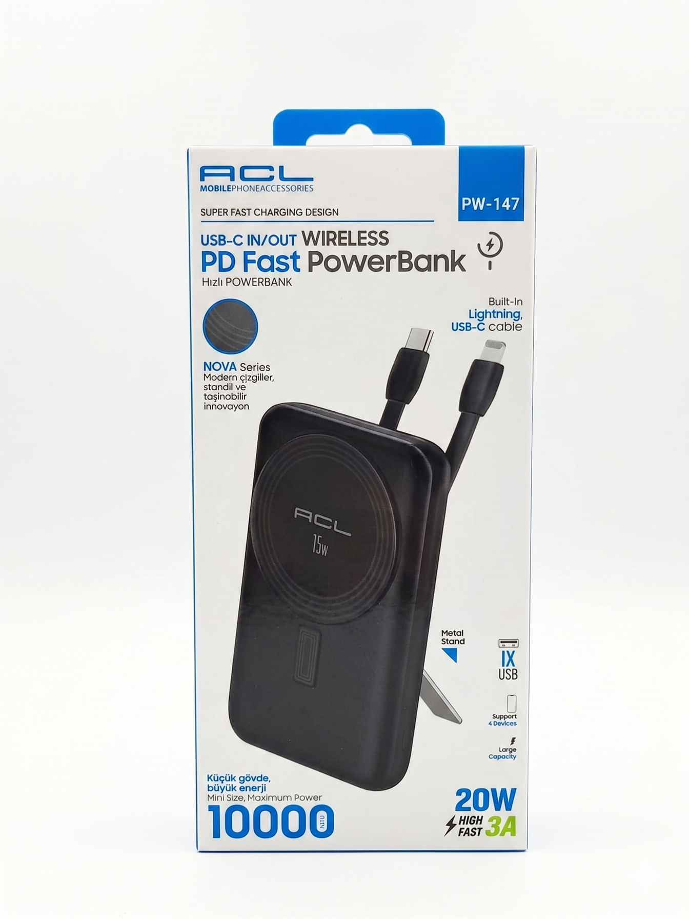 ACL PW-147 10000mAh Kablosuz Powerbank 20W PD Hızlı Şarj Type-C Lightning Dahili Kablolu Taşınabilir Powerbank