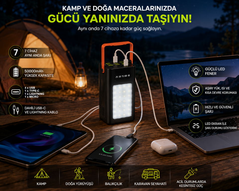 50000mAh Solar Powerbank LED Kamp Lambalı 7 Portlu Type-C Lightning Micro USB Hızlı Şarj