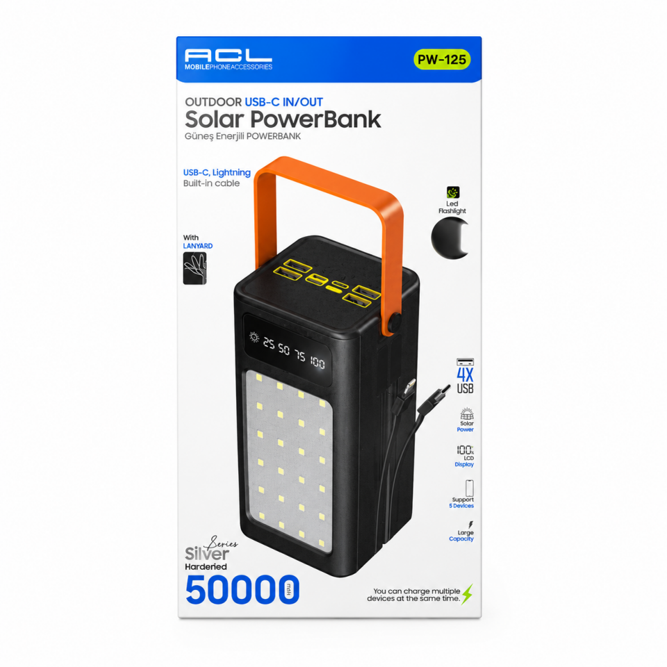 50000mAh Solar Powerbank LED Kamp Lambalı 7 Portlu Type-C Lightning Micro USB Hızlı Şarj