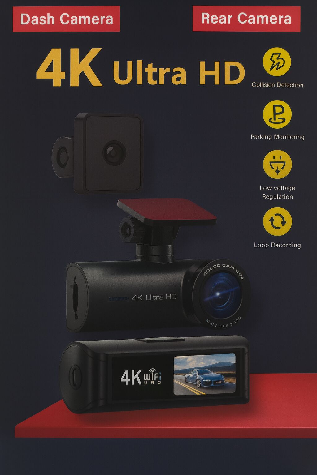 4K Ultra HD Çift Kameralı Araç Kamerası – GPS’li, G-Sensörlü, Park Halinde Hareket ve Çarpışma Algılama, Döngüsel Kayıt, Arka Kamera Dahil