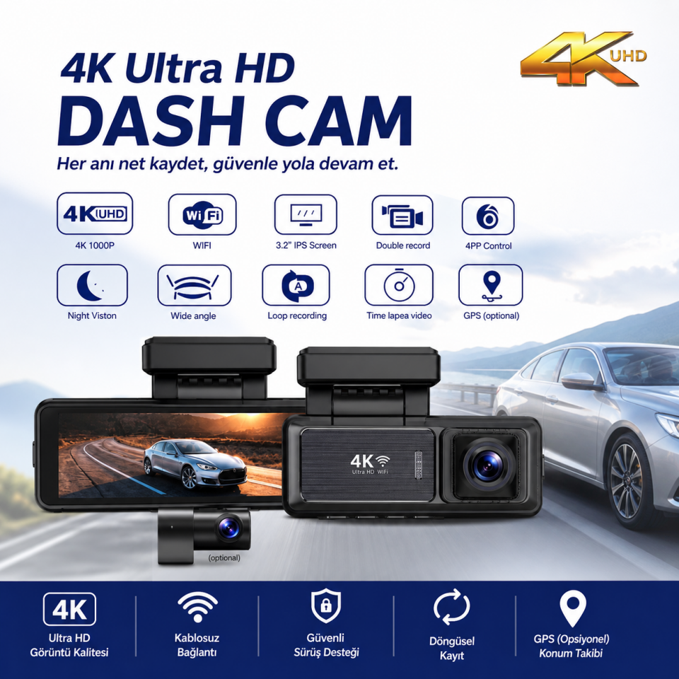 4K Ultra HD Araç Kamerası - Çift Kamera - Çarpışma Tespiti - G Sensörü – WiFi, Gece Görüş, Geniş Açı, Döngüsel Kayıt, Arka Kamera Destekli, 3.2'' IPS Ekran, GPS, Park Modu