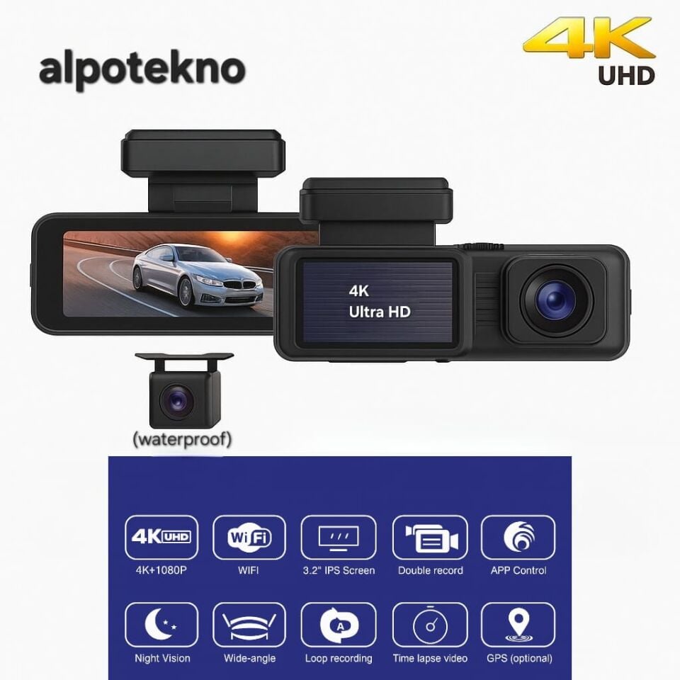 4K Ultra HD Araç Kamerası - Çift Kamera - Çarpışma Tespiti - G Sensörü – WiFi, Gece Görüş, Geniş Açı, Döngüsel Kayıt, Arka Kamera Destekli, 3.2'' IPS Ekran, GPS, Park Modu
