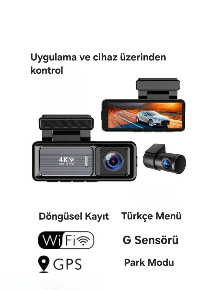 4K Ultra HD Araç Kamerası - Çift Kamera - Çarpışma Tespiti - G Sensörü – WiFi, Gece Görüş, Geniş Açı, Döngüsel Kayıt, Arka Kamera Destekli, 3.2'' IPS Ekran, GPS, Park Modu