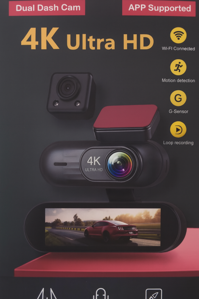 4K Ultra HD Çift Kameralı Araç Kamerası | GPS Destekli, G Sensörlü, Çarpışma Algılama, Park Modu, Döngüsel Kayıt, WiFi Uygulama Destekli Dash Cam