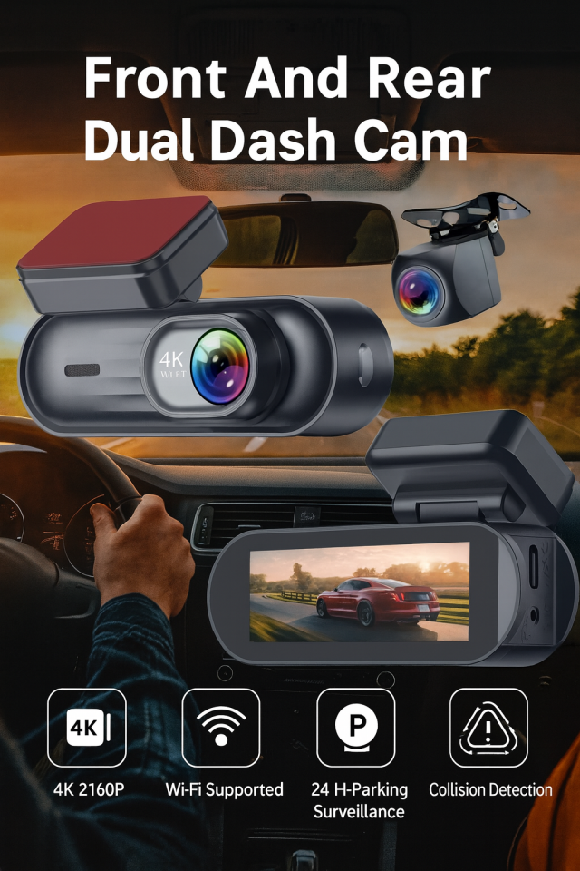 4K Ultra HD Çift Kameralı Araç Kamerası | GPS Destekli, G Sensörlü, Çarpışma Algılama, Park Modu, Döngüsel Kayıt, WiFi Uygulama Destekli Dash Cam