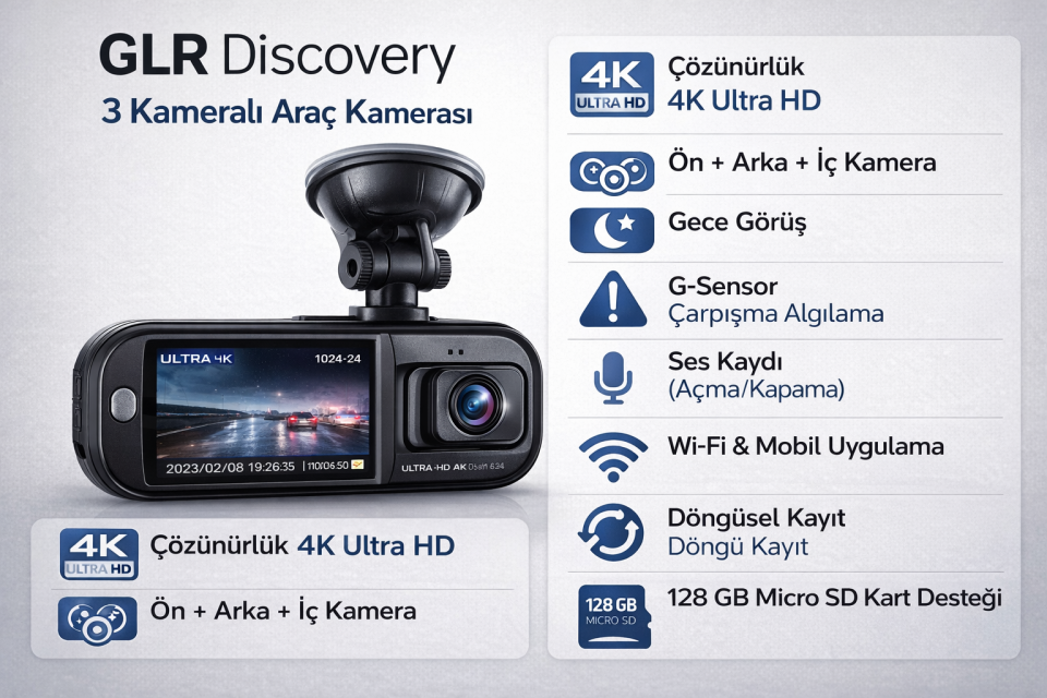 GLR Discovery 4K Ultra HD 3 Kameralı Araç Kamerası-Araç Güvenlik Seti