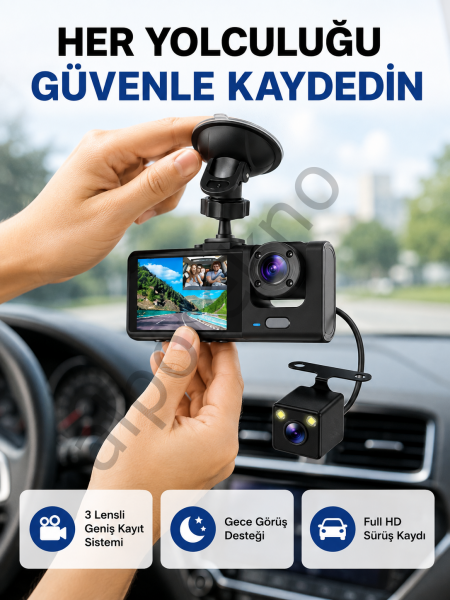 Üç Kameralı Araç İçi Kayıt Sistemi Full HD Gece Görüşlü ve G-Sensör Destekli