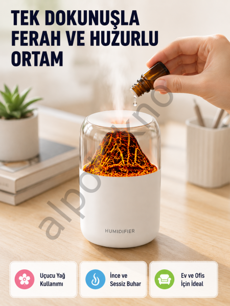 Ultrasonik Alev Efektli Aromaterapi Difüzörü USB Şarjlı ve Otomatik Kapanma Özellikli