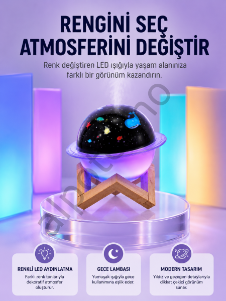 USB ile çalışan projektörlü aromaterapi nemlendirici masaüstü kullanım için uygun