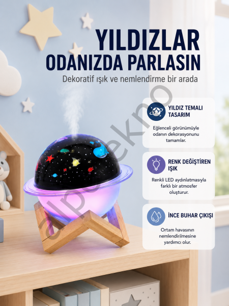 Projektör ışıklı ve aromaterapi destekli taşınabilir nemlendirici cihaz USB bağlantılı