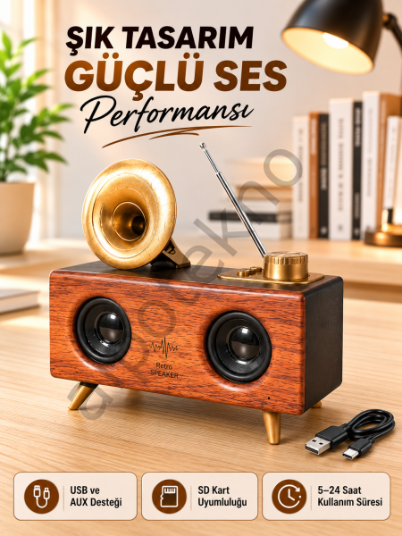 Retro Gramofon Tasarımlı Bluetooth Hoparlör – 3D Stereo Ses, 1800 mAh Batarya