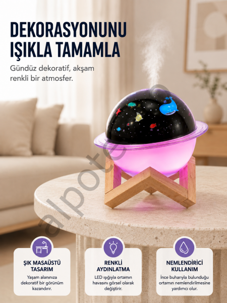 Projektör ışıklı, aromaterapi uyumlu mini masaüstü hava nemlendirici cihaz