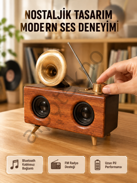 Nostaljik Gramofon Bluetooth Hoparlör – FM Radyo + USB + SD Kart Destekli