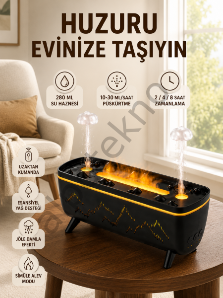 Siyah Aroma Difüzörü Jöle Damla Efektli Hava Nemlendirici Uzaktan Kumandalı LED Işıklı