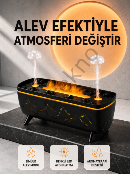 Alev Efektli Hava Nemlendirici 280 ML Esansiyel Yağ Uyumlu Jöle Yağmur Efektli Difüzör