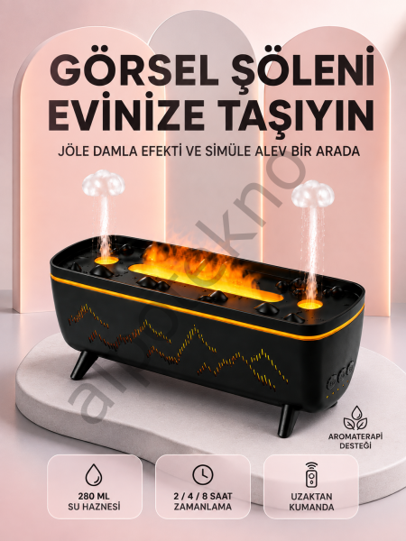 Dekoratif Siyah Hava Nemlendirici Jöle Damla ve Alev Efektli LED Işıklı Aroma Difüzörü