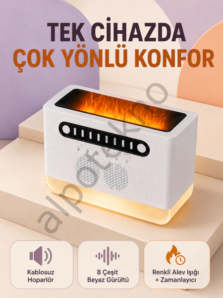 Hoparlörlü Simüle Alev Işıklı Çok Fonksiyonlu Gece Lambası