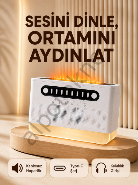 8 Çeşit Beyaz Gürültülü Kablosuz Hoparlör ve Renkli Alev Efektli Gece Lambası