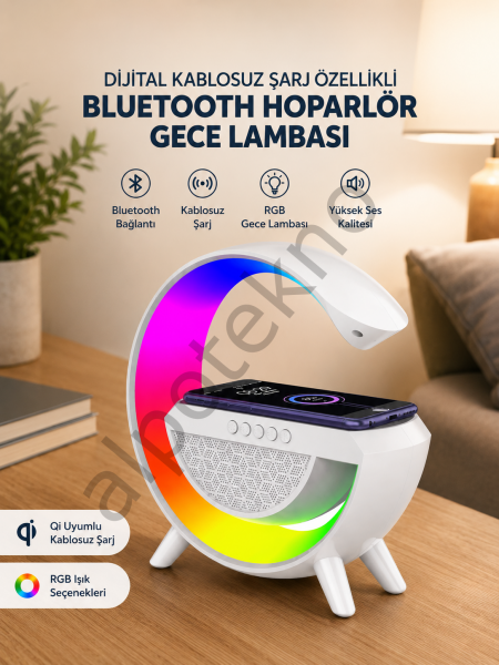 Google Dijital Kablosuz Şarj Özellikli Bluetooth Hoparlör Gece Lambası