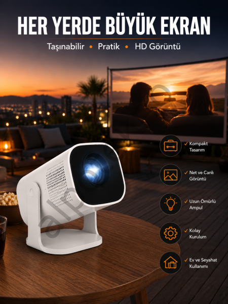 Akıllı Projeksiyon Powerbankli Taşınabilir Sinema Projektörü 4k HD Kaliteli Yeni Nesil