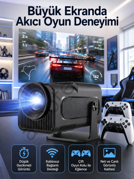 Çift Kollu Game Box Projeksiyon Cihazı Kumandalı Android Tv Dahili Hoparlör