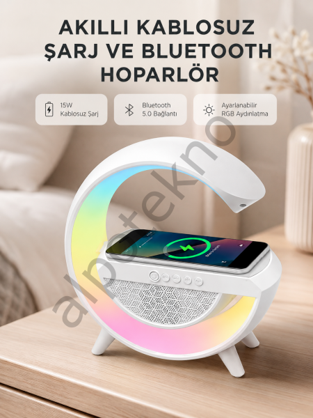 Kablosuz Şarjlı Bluetooth Hoparlör ve Gece Lambası – NFC, FM Radyo, RGB Işık