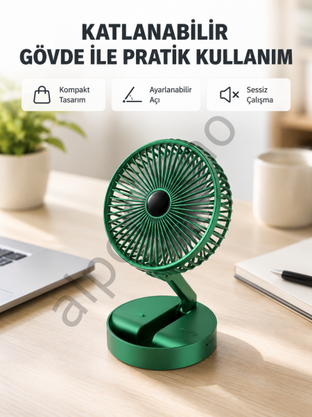 Şarjlı Katlanabilir Mini Fan – 3 Kademe Hız Ayarı, Taşınabilir Tasarım