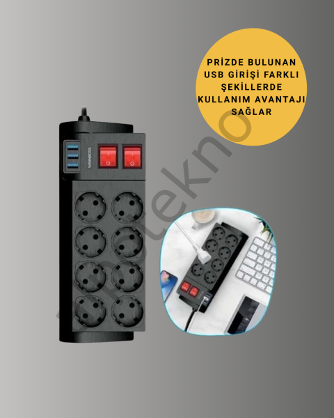 2 Metre Güçlü Çoklu Priz 8 Soket Yeni Nesil