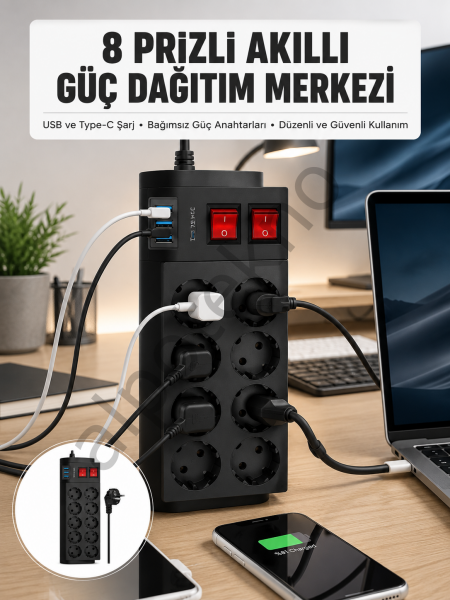 2 Metre Güçlü Çoklu Priz 8 Soket Yeni Nesil