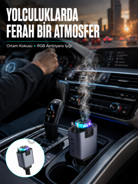 Araç İçi Çok Fonksiyonlu Şarj Cihazı Hava Nemlendirici Aroma ve Yıldız Işık Yeni Nesil