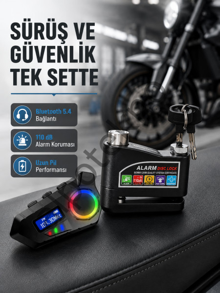 Bluetooth 5.4 motosiklet kask intercom ve 110 dB alarmlı disk kilidi seti