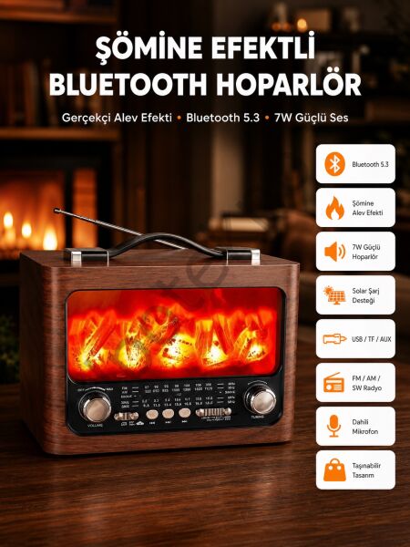Solar Şarjlı Şömine Işıklı Bluetooth Hoparlör – Radyo, USB, TF Kart Destekli