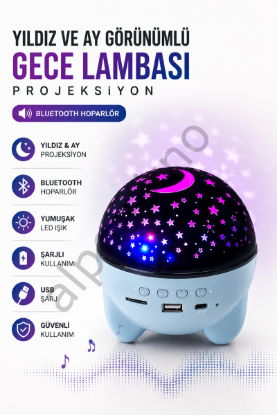 Gökyüzü Temalı Bluetooth Ve Hoparlörlü Şarjlı Çocuk Gece Lambası