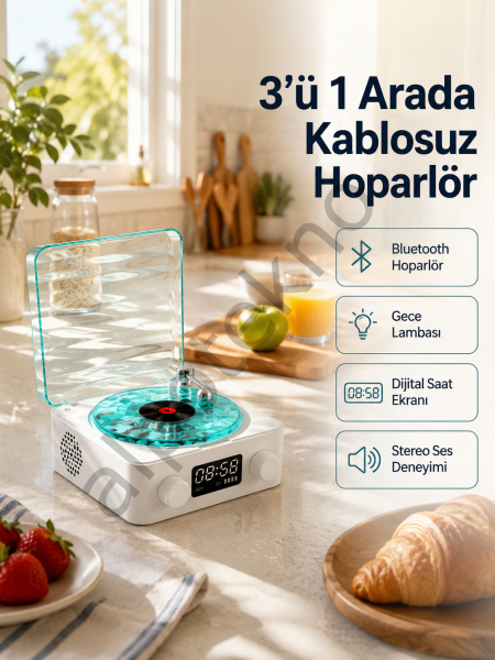 Bluetooth Hoparlör – 3-ü-1 Saatli Gece Lambası ve Vintage Tasarım