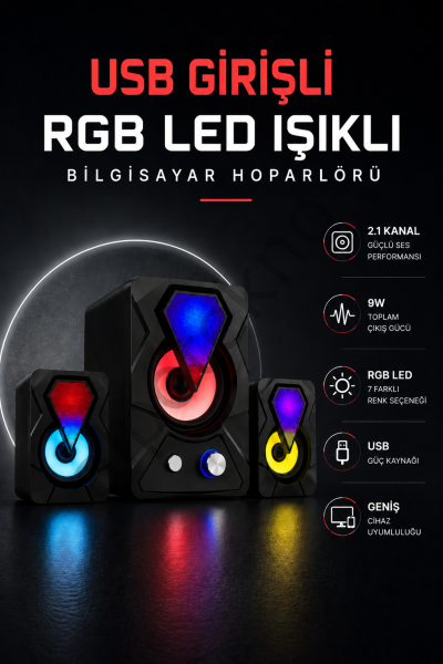 RGB LED AYDINLATMALI USB BİLGİSAYAR OYUN HOPARLÖRÜ