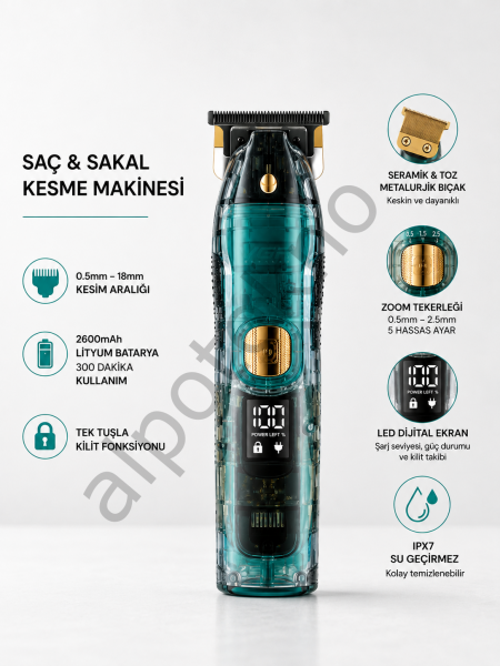 Saç ve Sakal Kesme Makinesi LED Ekranlı Profesyonel  5 Adet Uzunluk Ayarı