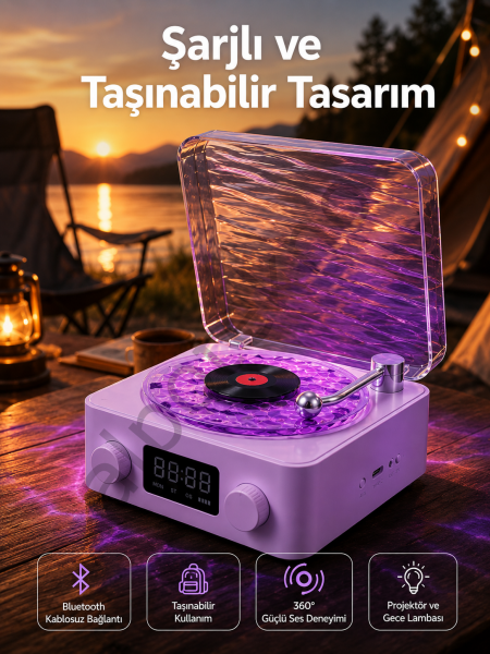 360° Sesli Kablosuz Hoparlör – Retro Tasarım ve Projektör Işığı