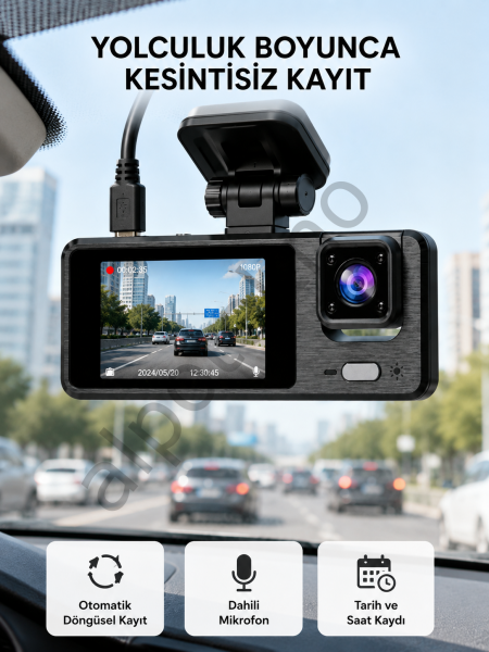 3 Kameralı Araç DVR 1080P Ön + HD Arka + İç Kamera Döngü Kayıt 2’’ Ekran