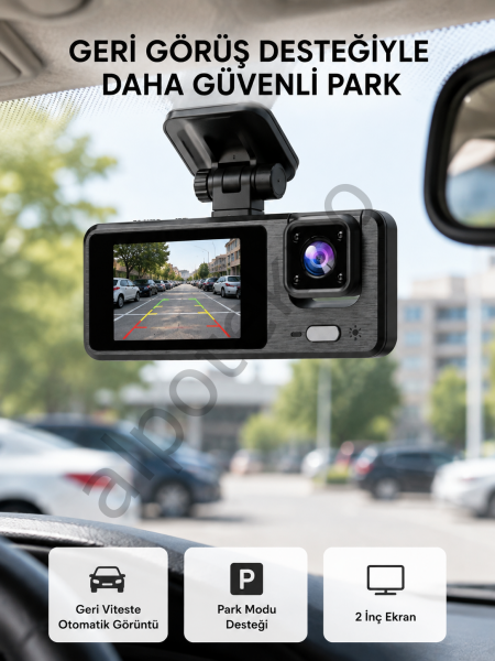 Full HD 3'lü Araç Kamerası Geri Görüş Destekli Park Modlu 1080P DVR