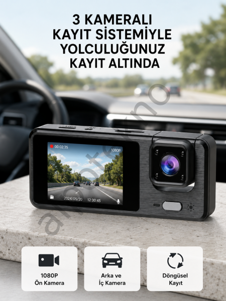 Park Modlu 3 Kameralı Araç Kayıt Cihazı 1080P Ön Kamera 2’’ Ekran