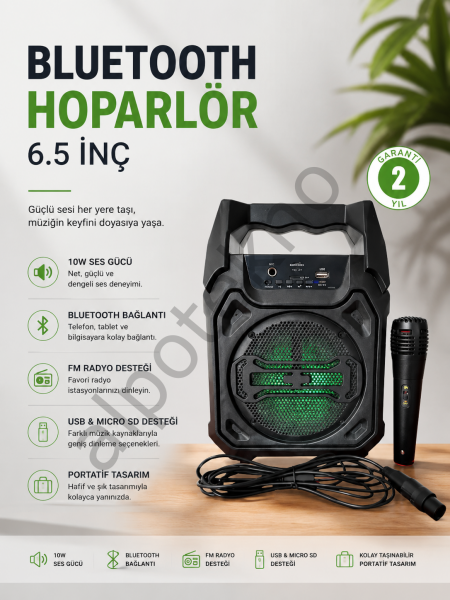 Bluetooth Hoparlör Mikrofonlu Taşınabilir Ses Sistemi FM Radyo, USB, SD Kart ve TWS Özellikli