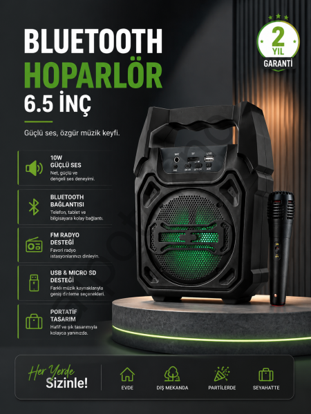 10W Güçlü Ses Performanslı Bluetooth Karaoke Hoparlörü