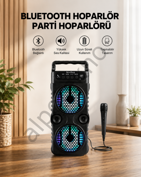 LED Işıklı Bluetoothlu Hoparlör Mikrofonlu Taşınabilir Ses Sistemi
