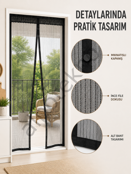 Mıknatıslı Kapı Sinekliği Otomatik Kapanan Siyah File Balkon ve Teras Sinekliği