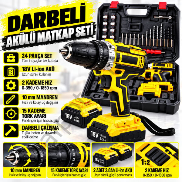 Darbeli şarjlı matkap seti 18V 10 mm mandren ve çift devir