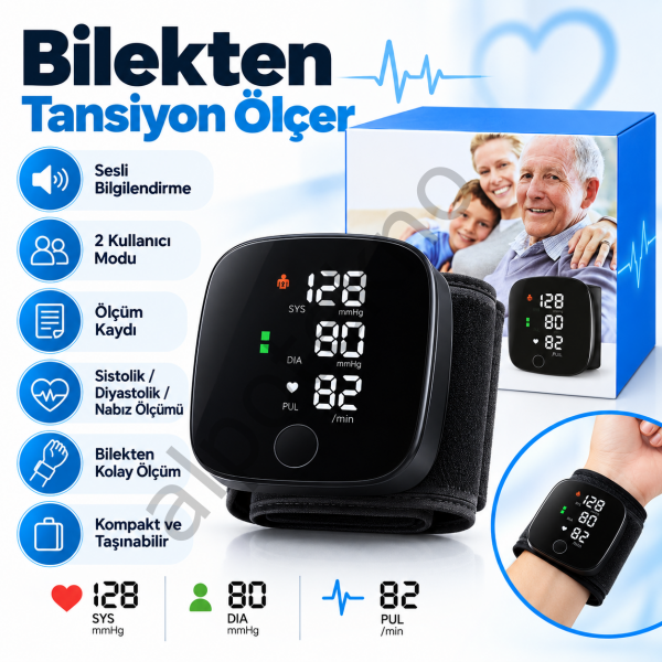 Bilekten tansiyon ölçer sesli şarjlı dijital tansiyon aleti