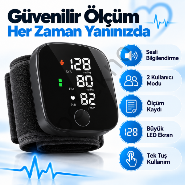 Sesli bilekten tansiyon ölçer 2 kullanıcı ve ölçüm kaydı