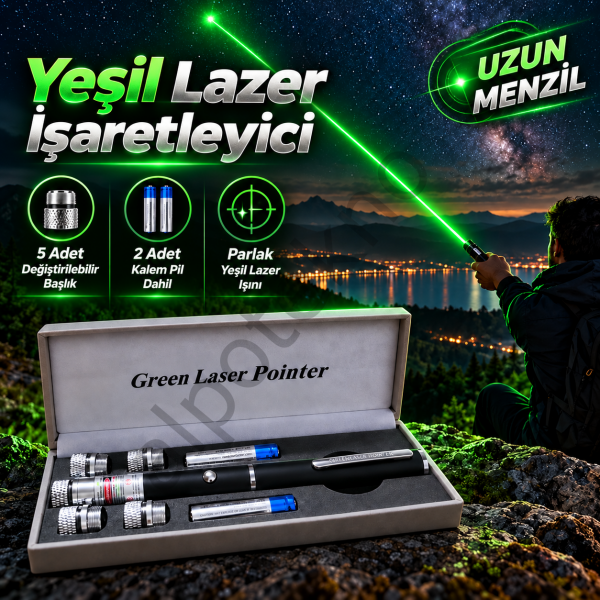 Yeşil lazer işaretleyici, 5 değiştirilebilir başlık ve 2 kalem pil içeren kutulu set