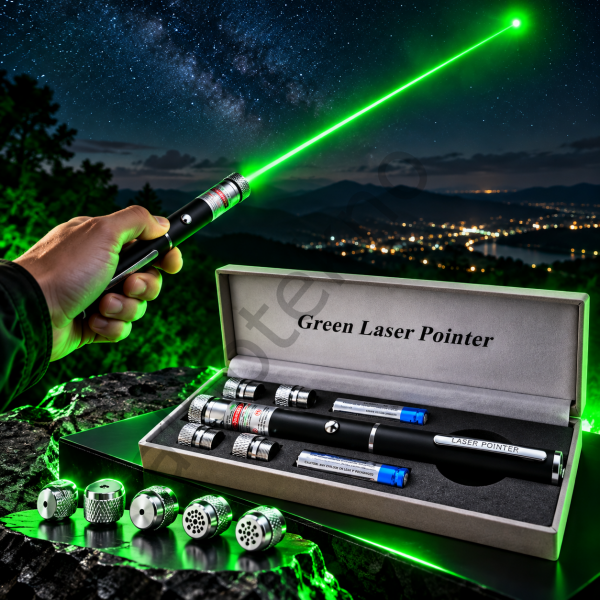 Gece karanlığında gökyüzüne doğru yeşil ışın yansıtan lazer işaretleyici